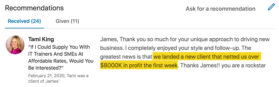 James Watson LinkedIn Recommendation Rebecca