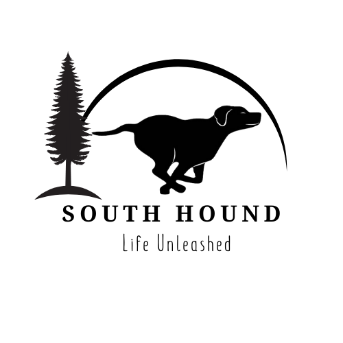 South Hound logo, black running silhouette of a dog. Life Unleashed.