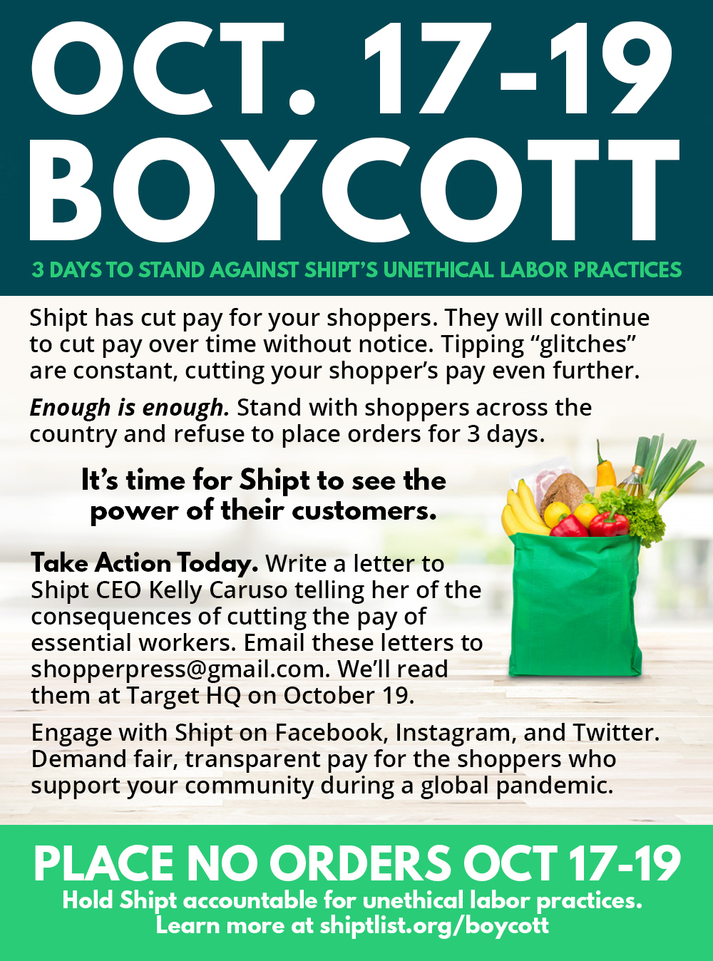 October 7-9 boycott: Place No Orders Oct 17-19