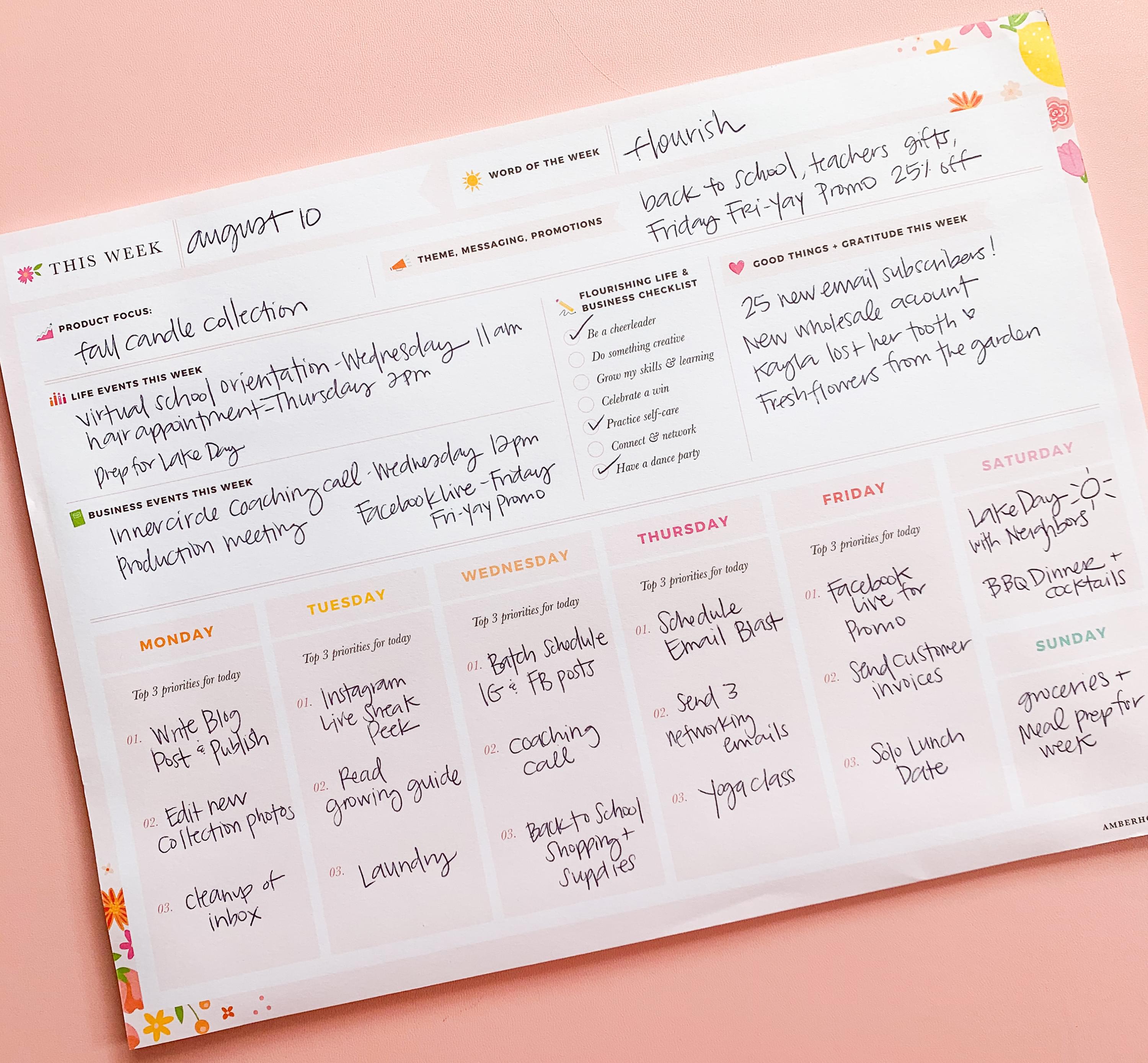 example of completed weekly business planner