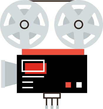 Grey, black, and red illustration of a film camera 
