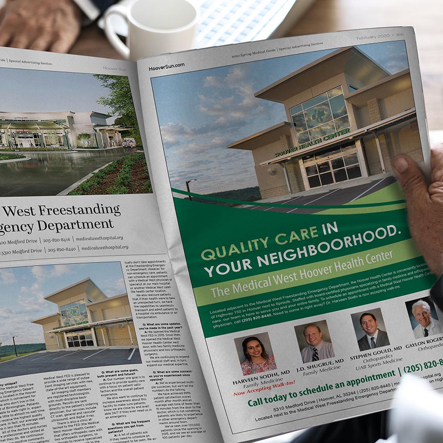 Reading newspaper with medical ad