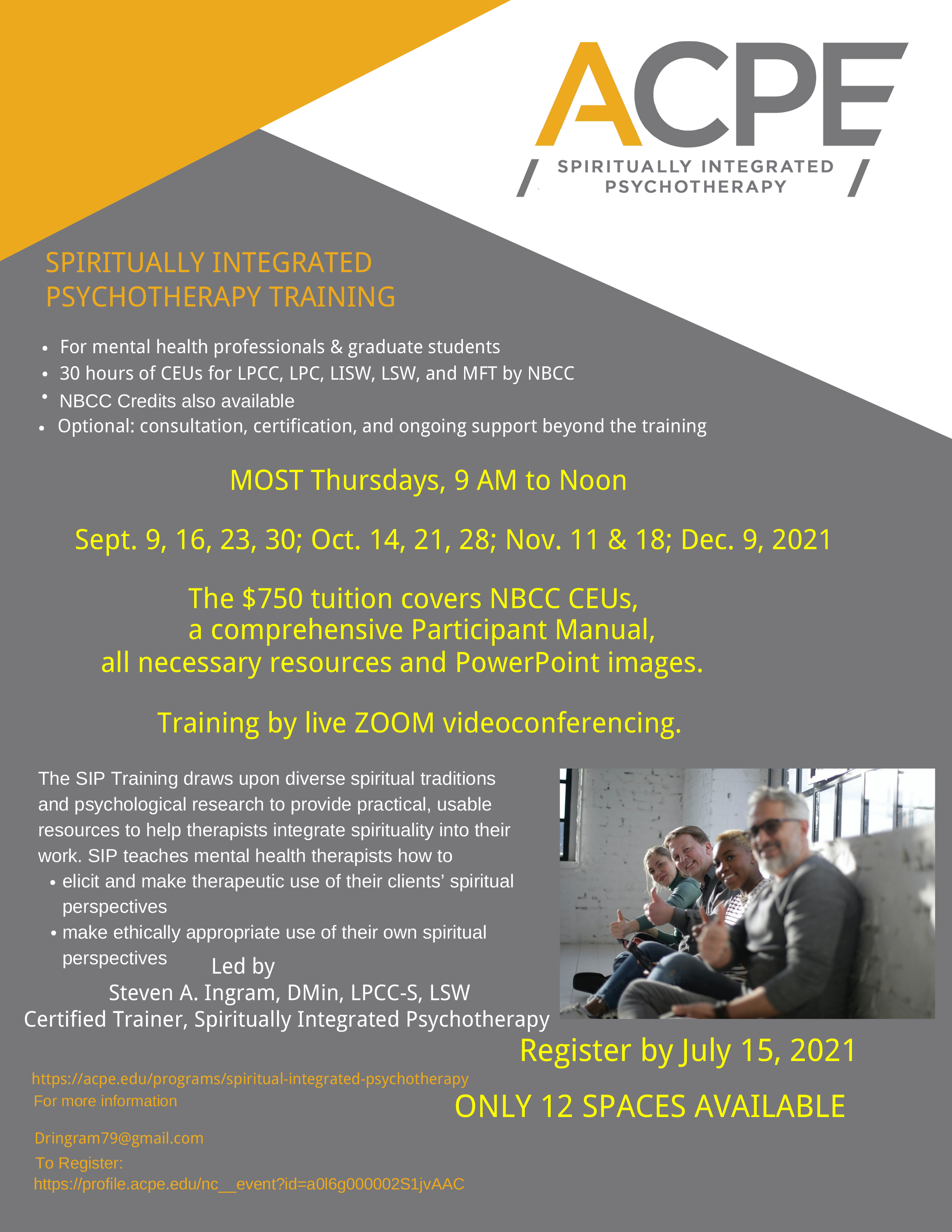 ACPE Spiritually Integrated Psychotherapy (SIP) Program flyer describing their SIP Training